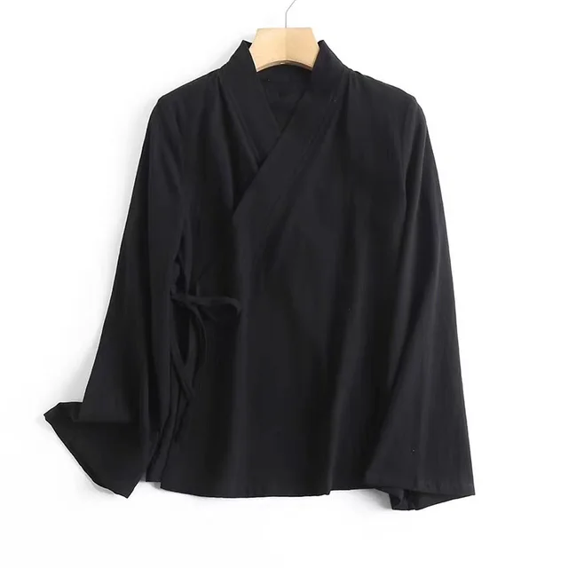 Improved And Autumn Women's Long sleeved Woven Collar Hanfu Shirt Black - Shop at LoveMi