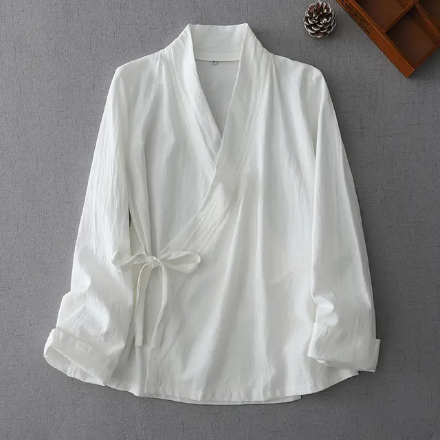 Improved And Autumn Women's Long sleeved Woven Collar Hanfu Shirt White - Shop at LoveMi