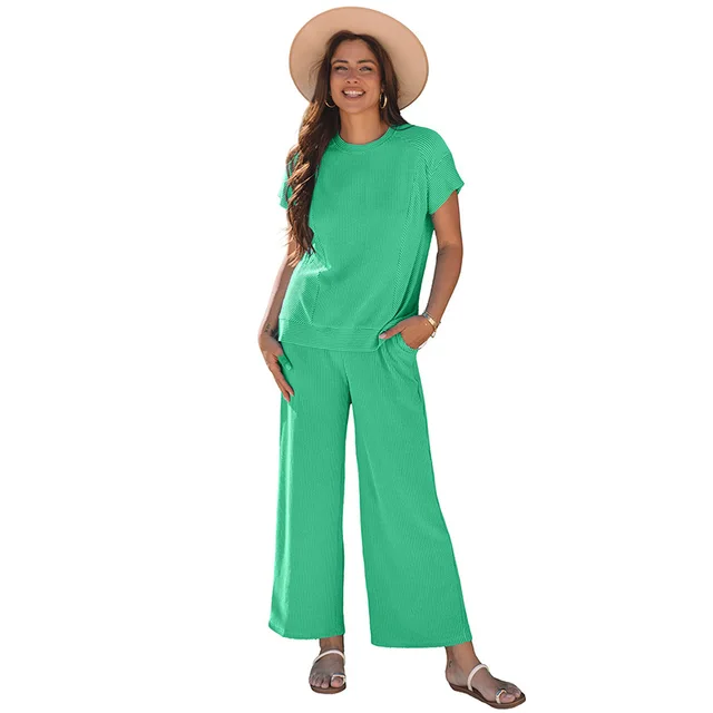 Blue Solid Corded Knit Short Sleeve T Shirt And Wide Leg Pants Set Green - Shop at LoveMi