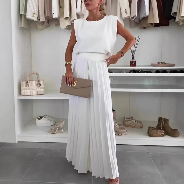 Round Neck Sleeveless Top Pleated Wide leg Trousers Two piece Set White - Shop at LoveMi