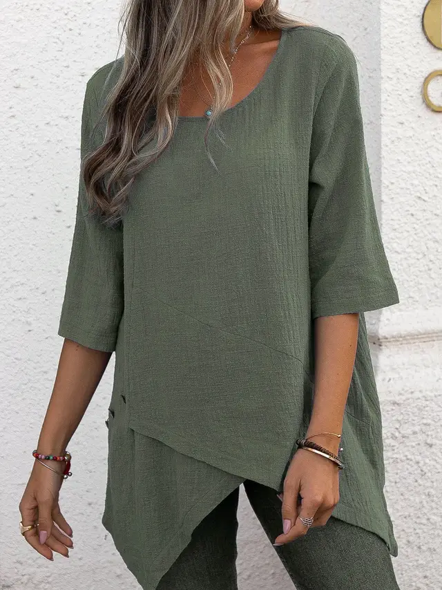 Cotton Linen Round neck Irregular Shirt Half Sleeve Shirt Army Green - Shop at LoveMi