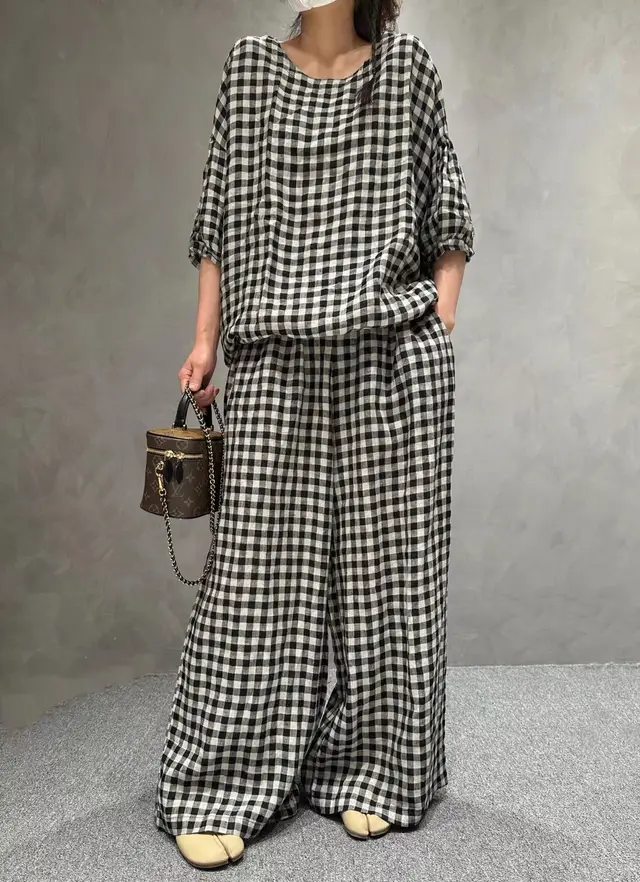 Half Sleeve Linen Plaid Round Neck T shirt Wide Leg Pants Black Medium Plaid - Shop at LoveMi