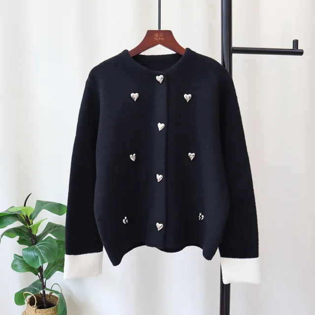 Love Contrast Color Design Knitted Double faced Woolen Goods Cardigan Black - Shop at LoveMi