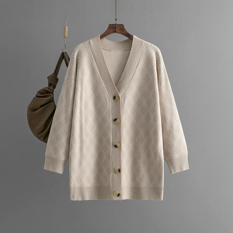 V neck Cardigan Sweater Casual Loose Diamond Plaid Sweater Coat Apricot - Shop at LoveMi