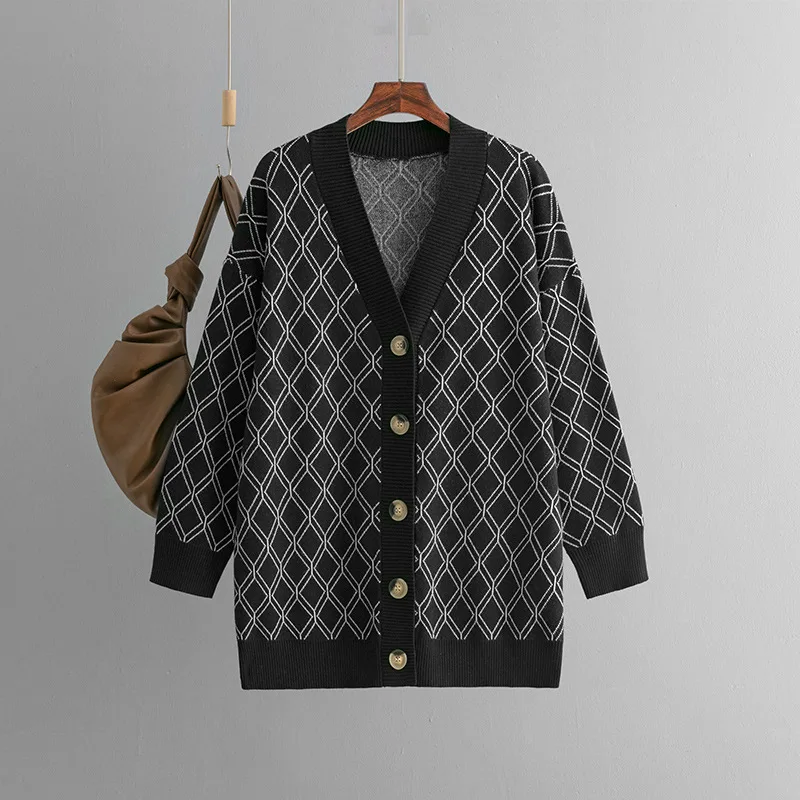 V neck Cardigan Sweater Casual Loose Diamond Plaid Sweater Coat Black - Shop at LoveMi
