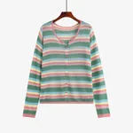 Plus Size Round Neck Color Striped Shirt Women's Thin Top - Green