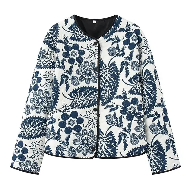 Printed Round Neck Cotton padded Jacket Long Sleeve Short Jacket Picture Color - Shop at LoveMi