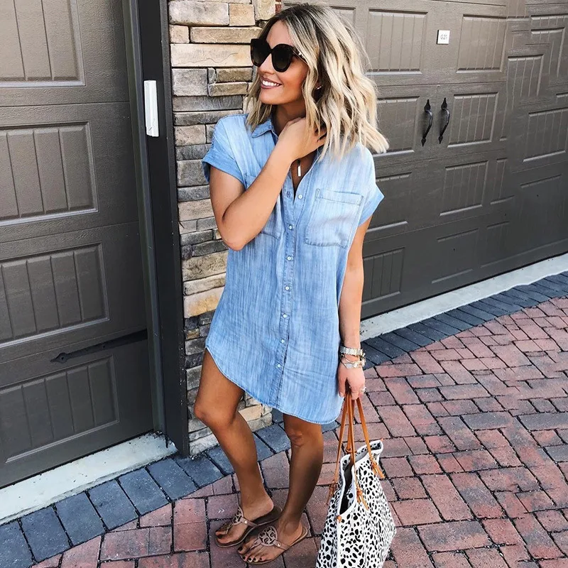 Women's Short sleeved Distressed Denim Buckle Casual Shirt Light Blue - Shop at LoveMi