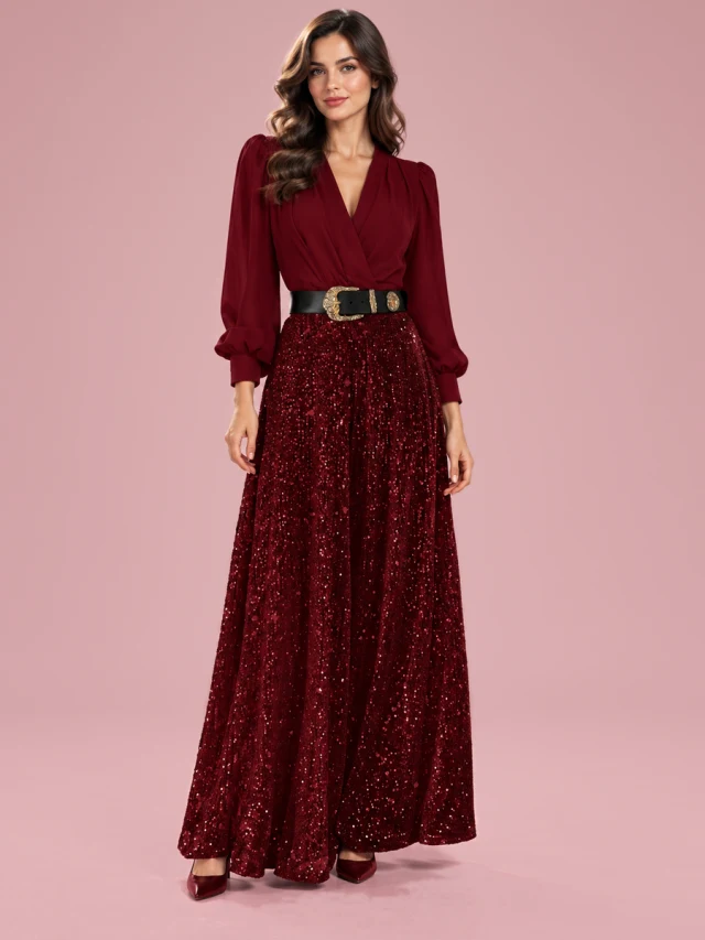 V neck Elegant Waist Slimming Sequined Ladies Purplish Red Belt - Shop at LoveMi