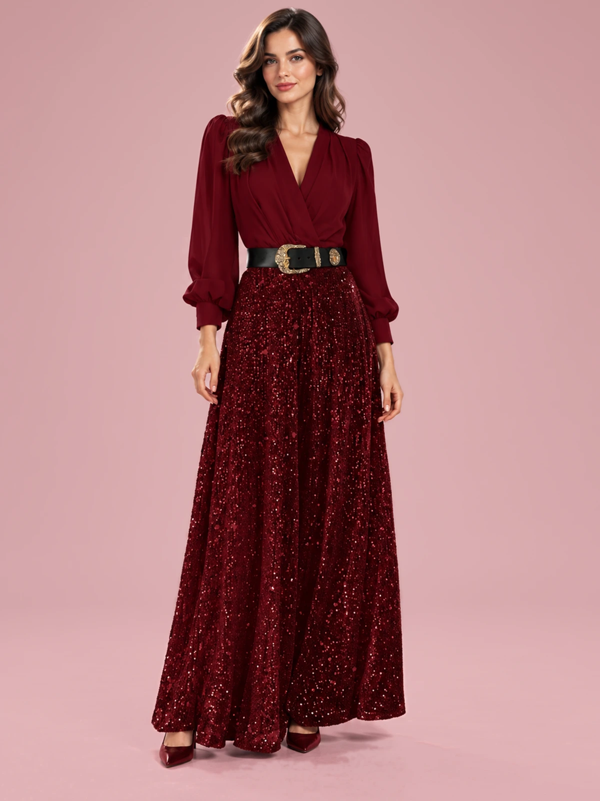V-neck Elegant Waist Slimming Sequined Ladies - Purplish Red Belt