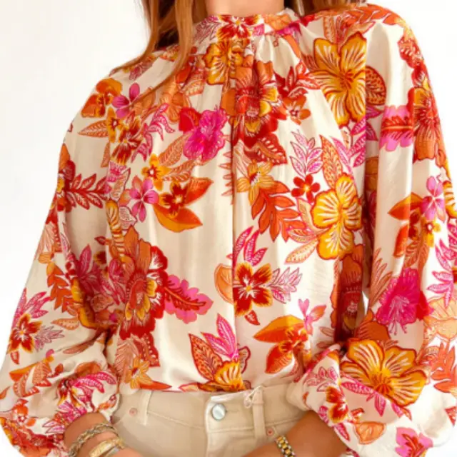 Orange Floral Print Pearl Button Keyhole Long Puff Sleeve Blouse Orange - Shop at LoveMi