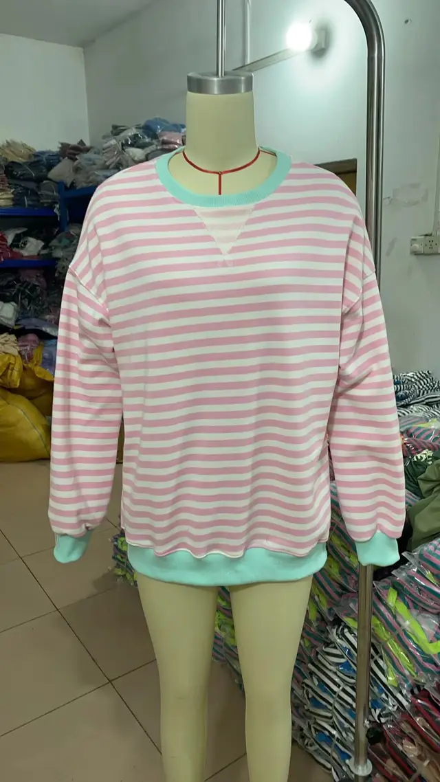 Striped Round Neck Contrast Color Loose Long Sleeve Sweatershirt Pink Stripes - Shop at LoveMi