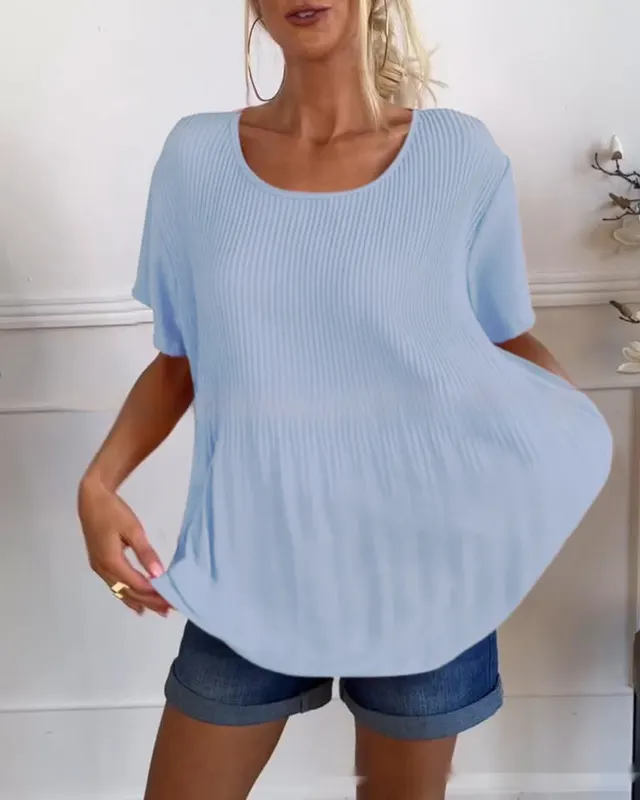 Plus Size Western Style Youthful looking Pleated Short Sleeve Women's Blouse Light Blue - Shop at LoveMi