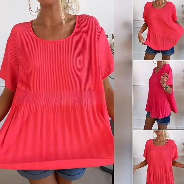 Plus Size Western Style Youthful looking Pleated Short Sleeve Women's Blouse Red - Shop at LoveMi