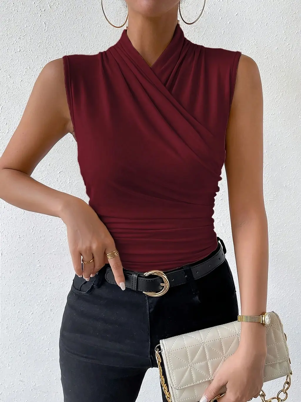 Women's Elegant Solid Colour Fashion T-shirt - Wine Red