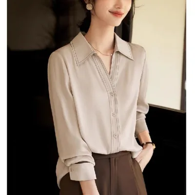 Fashion Commuter Style Contrast Color Bright Line Design Shirt For Women Picture Color L - Shop at LoveMi