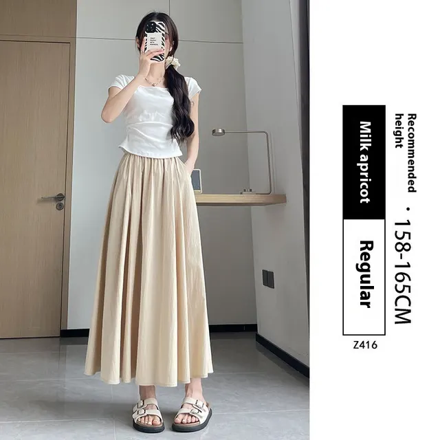 Summer High Waist A Line Slimming Pleated Dress Milk Apricot Beige - Shop at LoveMi