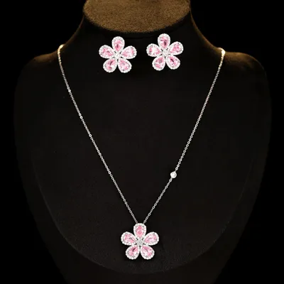 High grade Jewelry Suit Micro Inlaid Zircon Sunflower Ear Stud Necklace A Set Of Elegant Jewelry Pink - Shop at LoveMi