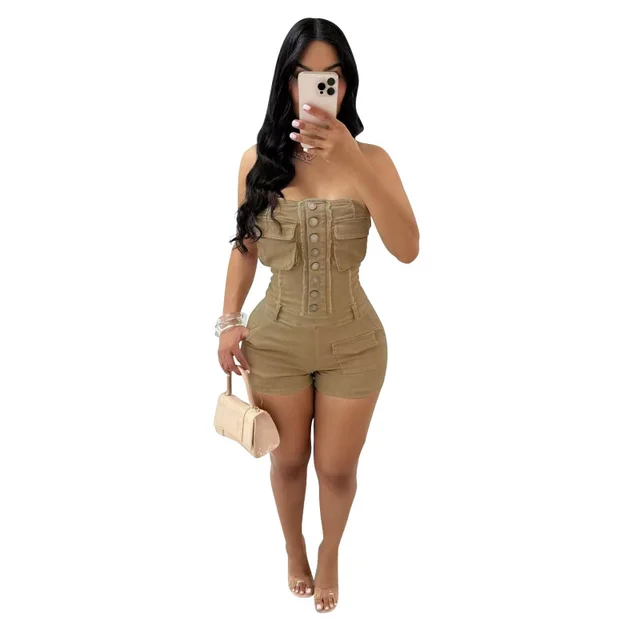 Pure Color Tube top Stretch Tooling Zipper Pocket One piece Shorts Camel - Shop at LoveMi