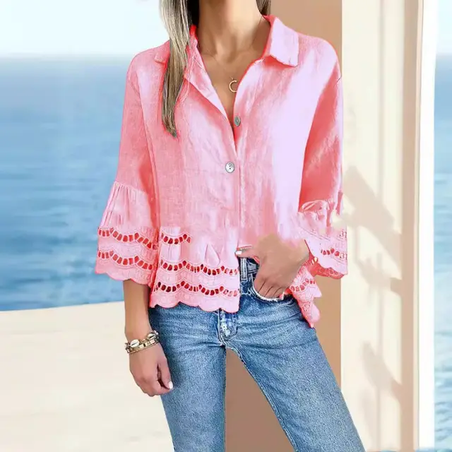 New Lace Bell Sleeve Hollow Pure Cotton Cotton Linen Shirt Pink - Shop at LoveMi