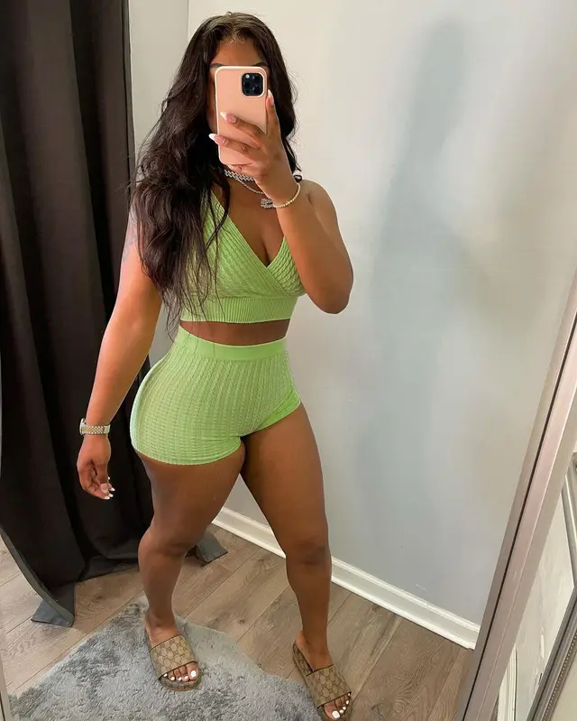 Female Solid Color Thread Bubble Vest Shorts Set Light Green - Shop at LoveMi