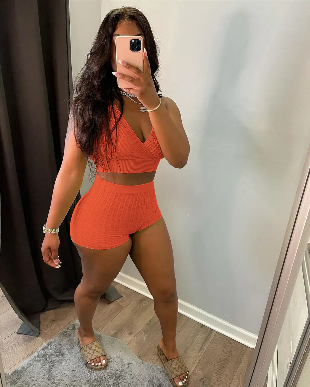 Female Solid Color Thread Bubble Vest Shorts Set - Orange
