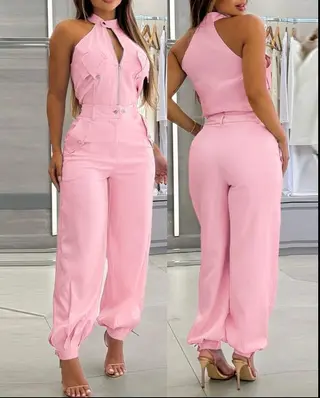 Halter Top Casual Working Pants Two-piece Suit - Pink