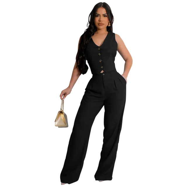 Two piece Set Vest Jacket Suit Office OL Commuting Summer Black - Shop at LoveMi