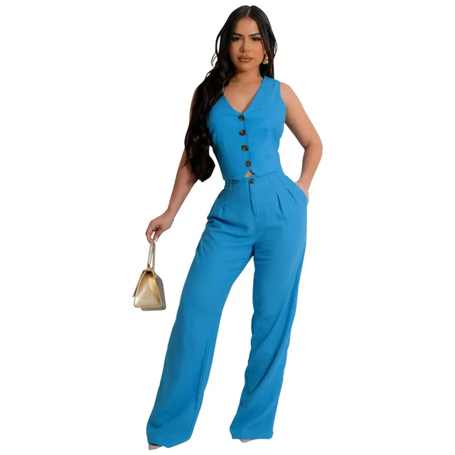 Two piece Set Vest Jacket Suit Office OL Commuting Summer Blue - Shop at LoveMi