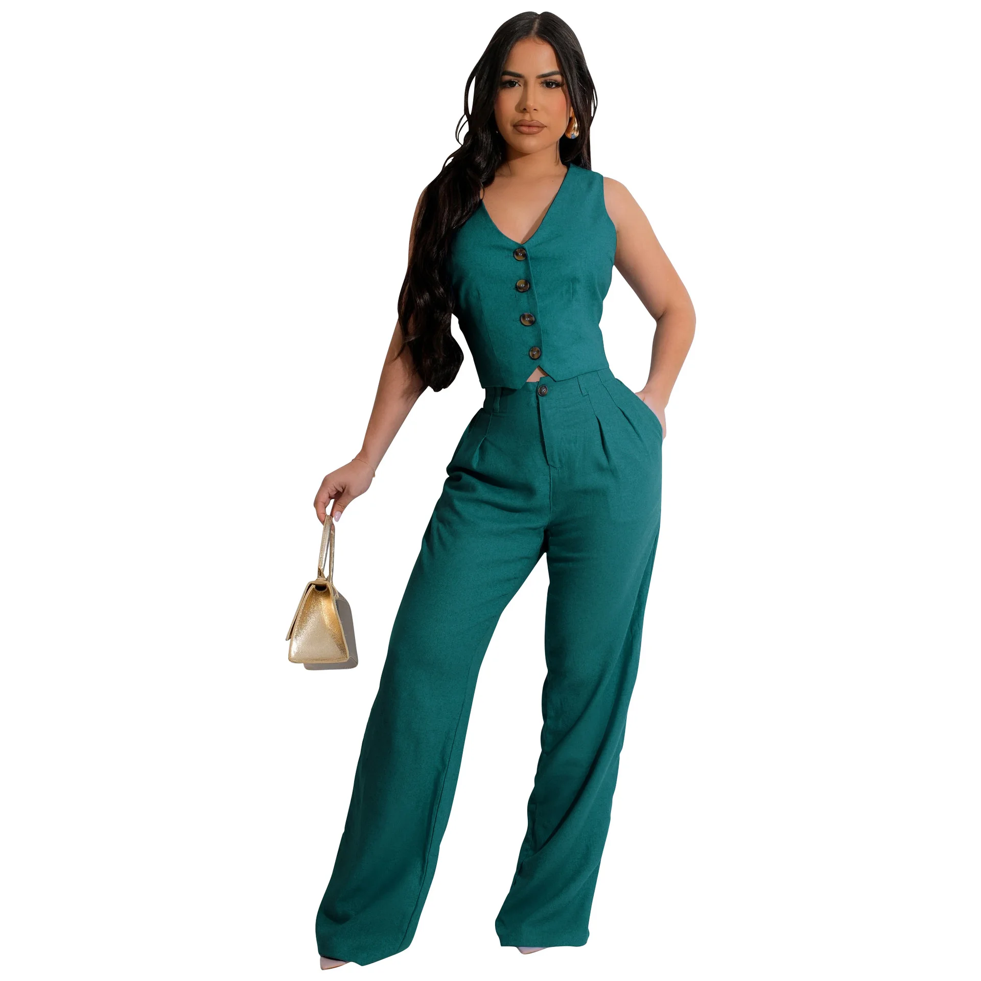 Two-piece Set Vest Jacket Suit Office OL Commuting Summer - Dark Green