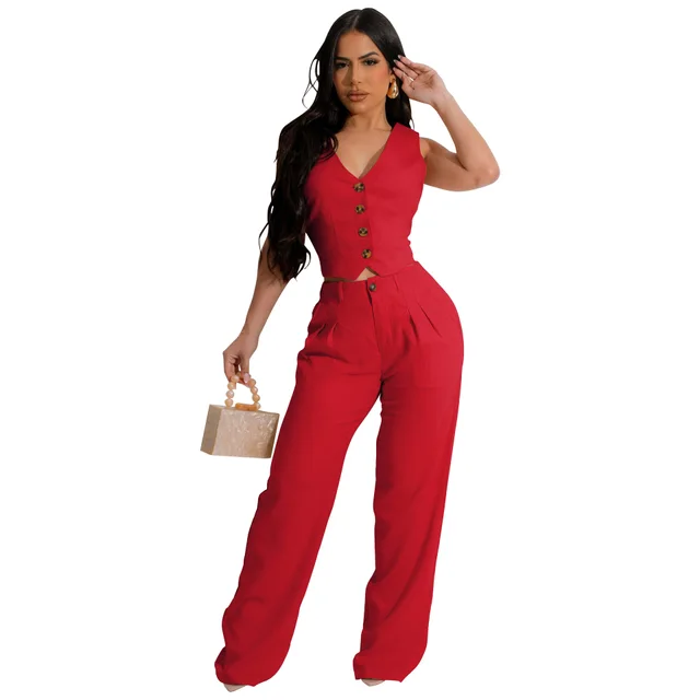 Two piece Set Vest Jacket Suit Office OL Commuting Summer Red - Shop at LoveMi