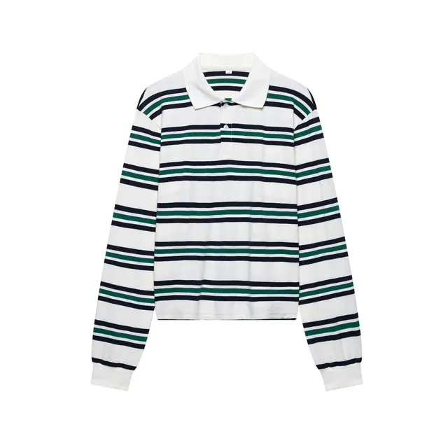 Spring New Women's Fashion Striped Polo Retro Long Sleeve Contrast Color Top Green - Shop at LoveMi