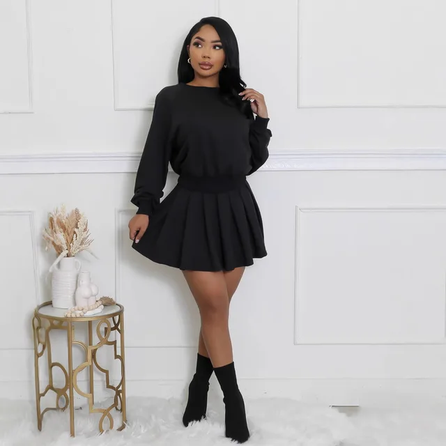 New Two piece Casual Suit Long Sleeve Mini Skirt Black - Shop at LoveMi