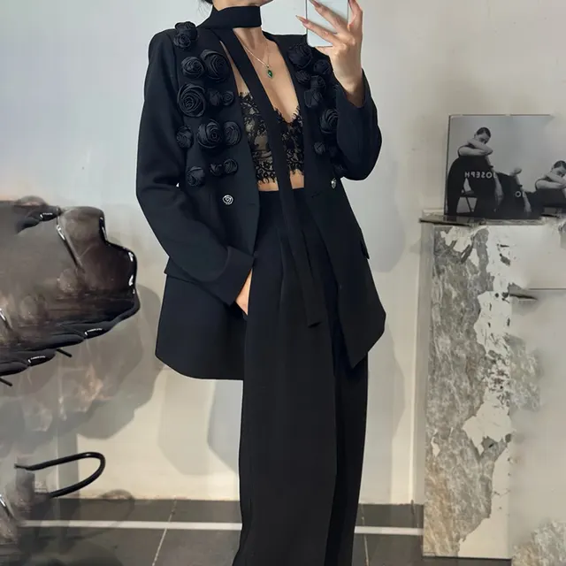 Stitching Flower Ribbon Suit Jacket High Waist Slim Suit Black - Shop at LoveMi