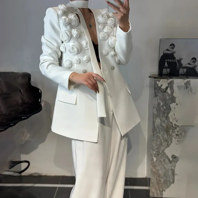 Stitching Flower Ribbon Suit Jacket High Waist Slim Suit White - Shop at LoveMi