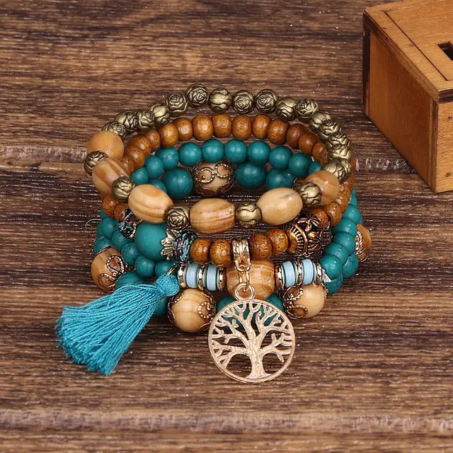 Multi layer Wooden Bead Beaded Bracelet Elastic Bracelet B0010 Lake Blue - Shop at LoveMi