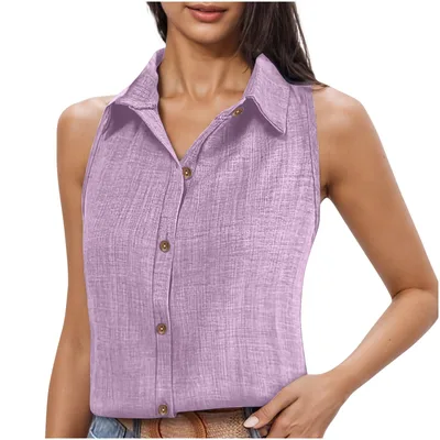 Lapel Cotton Linen Button Sleeveless Shirt Women's Clothing 50 Style L - Shop at LoveMi