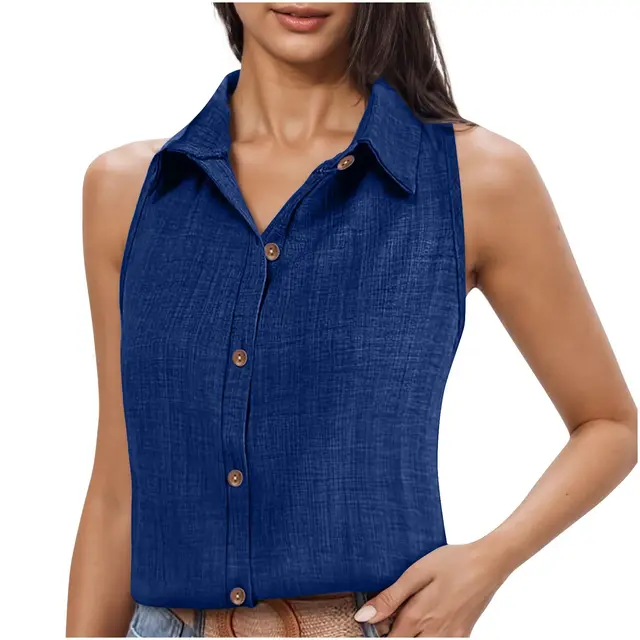 Lapel Cotton Linen Button Sleeveless Shirt Women's Clothing 53 Style - Shop at LoveMi