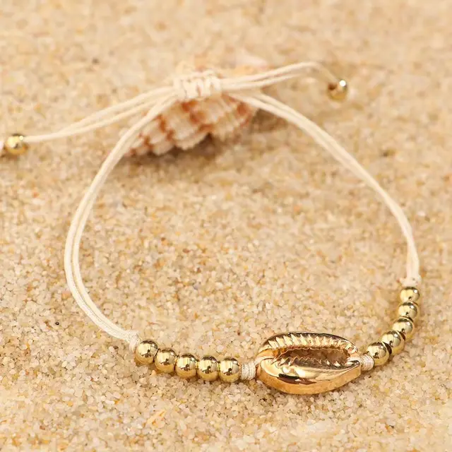 Personalized Creative Alloy Shell Hawaiian Style Casual Bracelet Shell Woven Bracelet Golden Shell Beige Thread - Shop at LoveMi