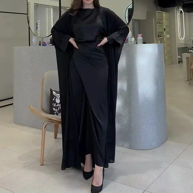 New Round Neck Waist Trimming High Waist Slim Fit Long Dress Robe Coat Black - Shop at LoveMi