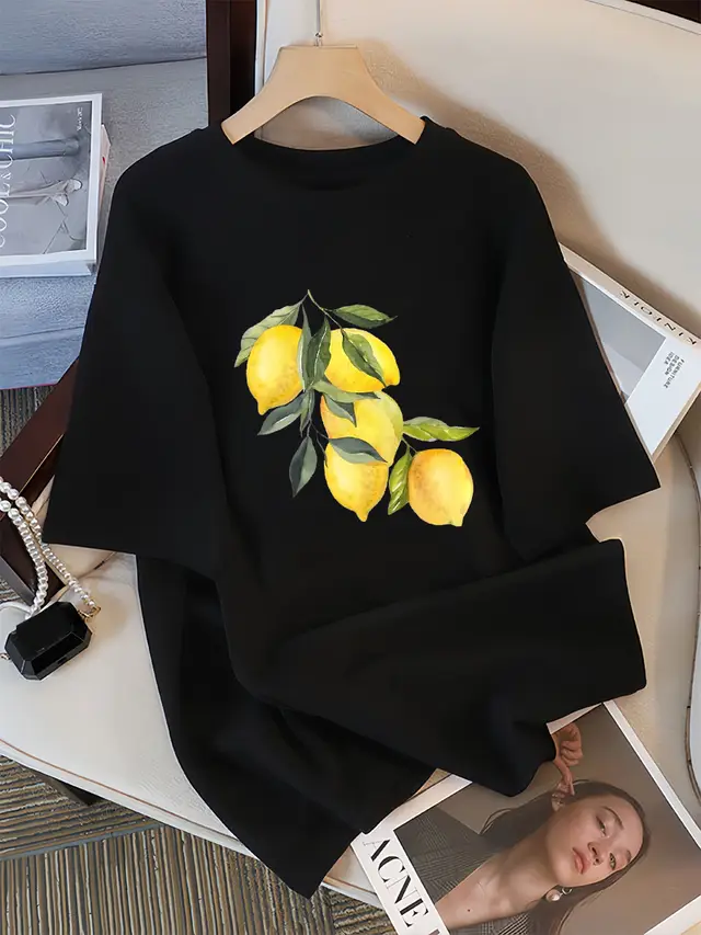 Creative Lemon Pattern T Shirts Female Casual Soft Tops Fash Black - Shop at LoveMi