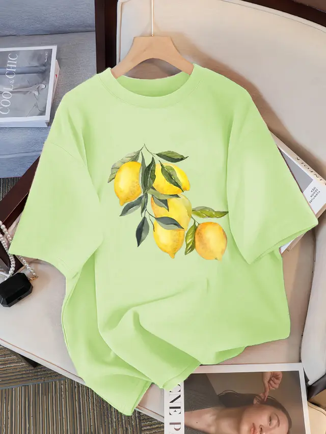 Creative Lemon Pattern T Shirts Female Casual Soft Tops Fash Lightgreen - Shop at LoveMi