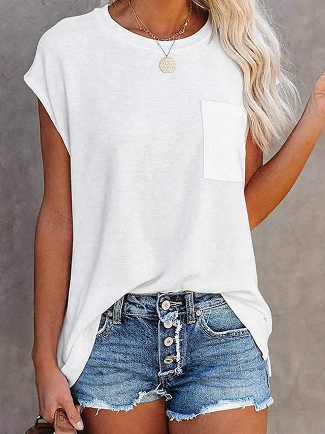 Women's Round Neck Short Sleeve Pocket T shirt White - Shop at LoveMi