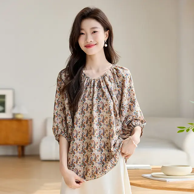 Women's Loose Slimming 34 Sleeves Shirt 727 Brown - Shop at LoveMi