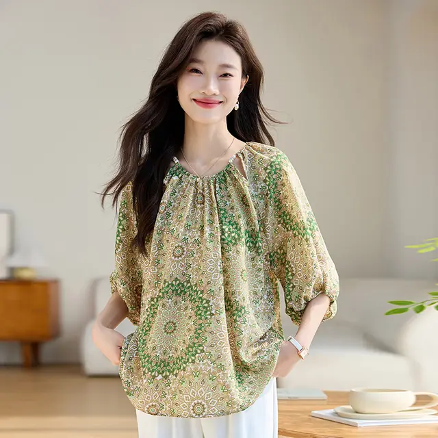 Women's Loose Slimming 34 Sleeves Shirt 727 Green - Shop at LoveMi