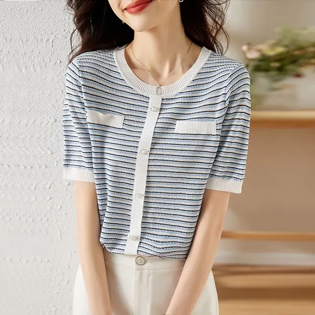 Loose Style Top Thin T shirt Blue And White Stripes - Shop at LoveMi