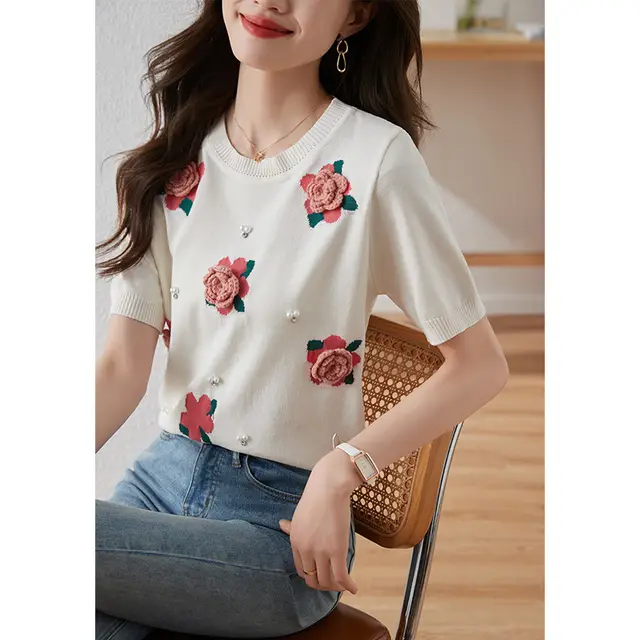 Korean Rose Beaded Sweater Puff Sleeve Beige - Shop at LoveMi