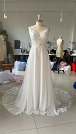 Strap Fishtail Wedding Dress Bridal Slim Satin Lace Dress - Beige
