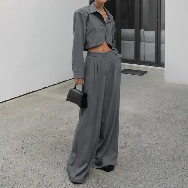 Gray, Long Sleeve Shirt High Waist Slimming Suit Wide Leg Pants Gray - Shop at LoveMi