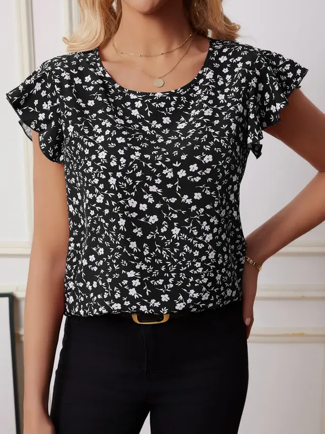 Chiffon Shirt Short sleeved Shirt European And American Fashion Casual Printing Black - Shop at LoveMi